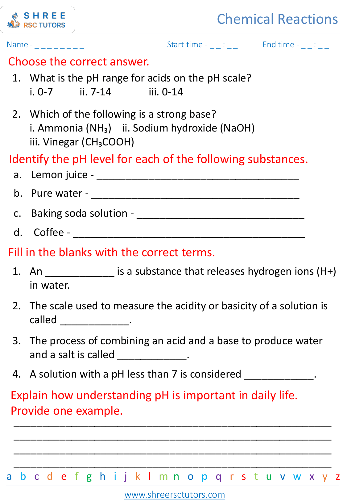 Acids, bases, and pH worksheets for Grade 7 Science shree rsc tutors